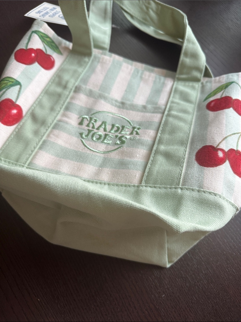 Trader Joe’s Mini Green Striped Canvas Hand painted Cherry Tote Bag - Picture 3 of 3